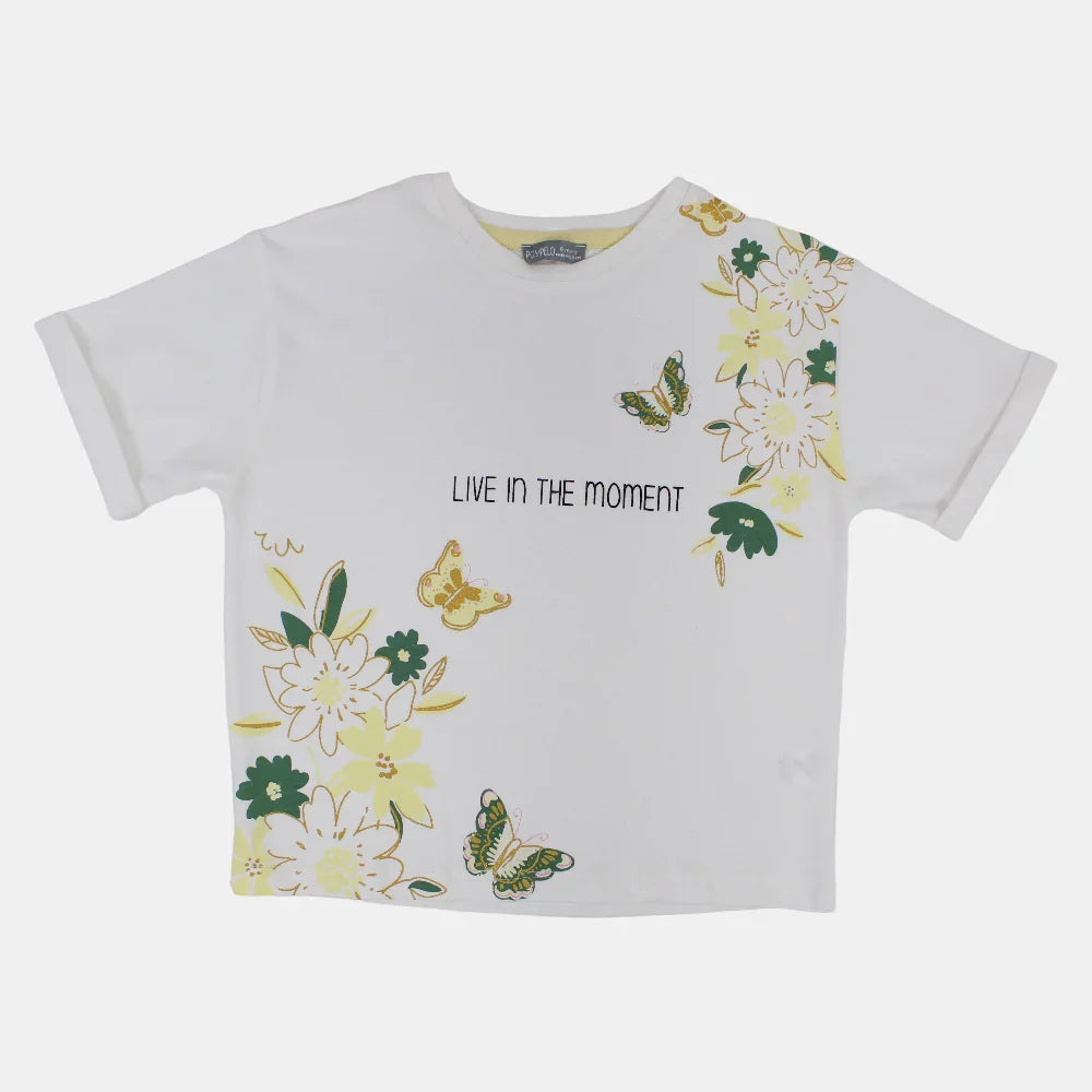 Girls Cotton T-Shirt - Off-White with Flowers Design