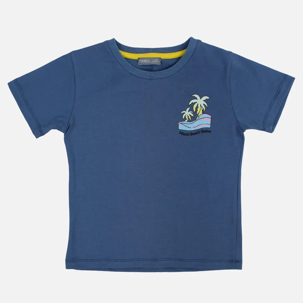 Boys Cotton T-Shirt – Indigo with Palms Print