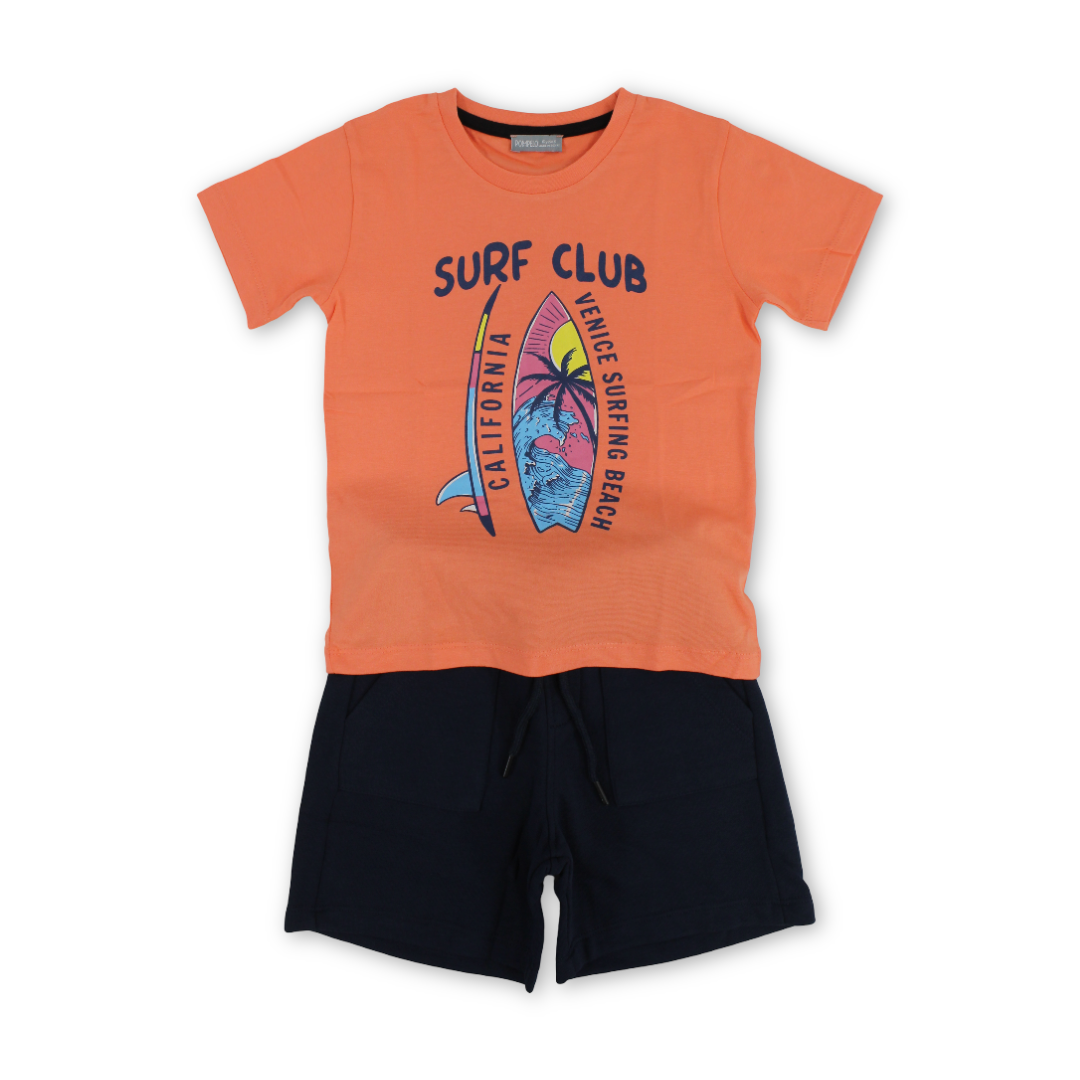 Boys Cotton Outfit Set – Salmon with "Surf Club" Print - Clothing - Pompelo