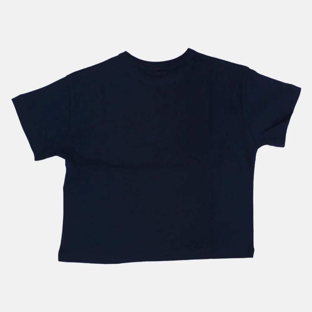 Girls Cotton Short-Sleeved T-Shirt – Navy Blue with a Butterfly Design