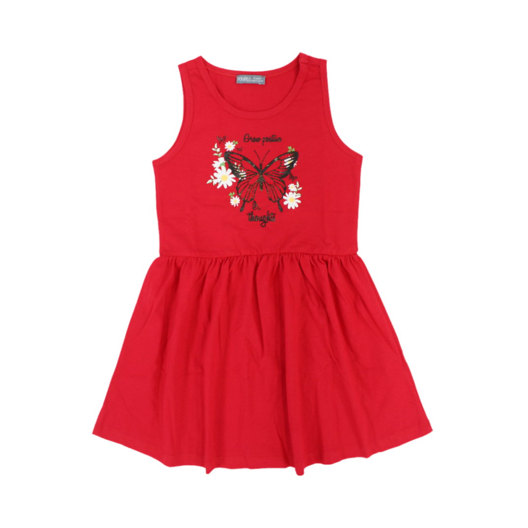 Girls Cotton Sleeveless Dress – Red with Butterfly Print - Clothing - Pompelo