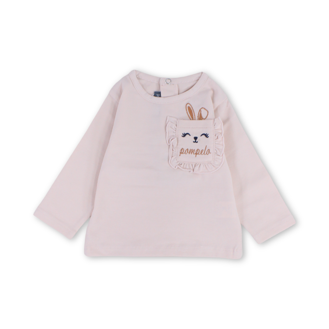 Baby Girls Cotton Blouse – Pink with Bunny Face Embroidered