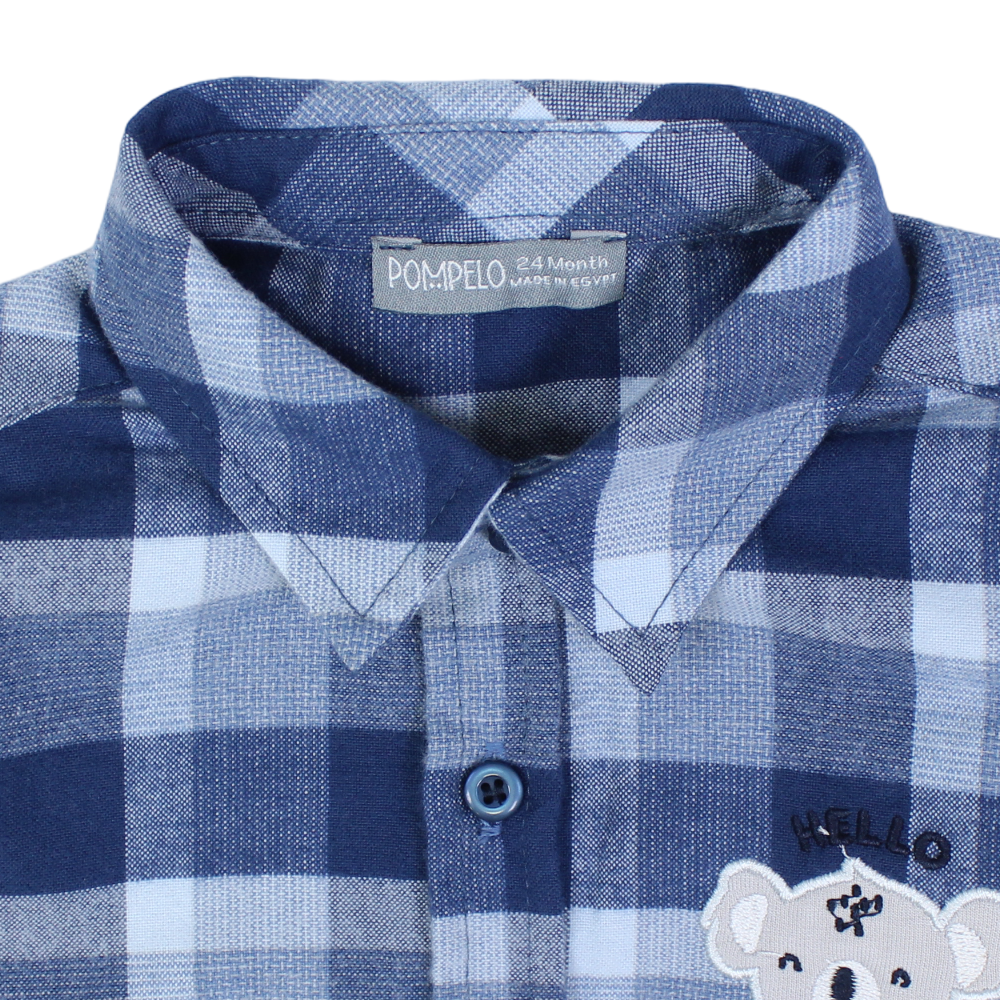Baby Boys Cotton Shirt – Checkered Blue with a Koala Head Design