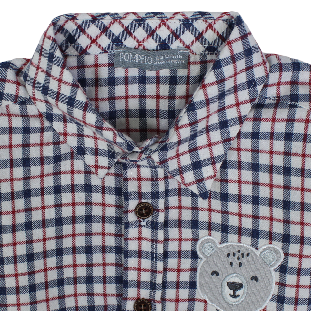 Baby Boys Cotton Shirt – Checkered Navy with a Bear Head Design