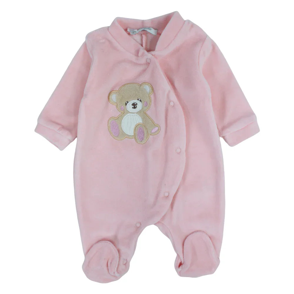 Baby Girls Velvet Baby Footie – Pink with a Bear Design