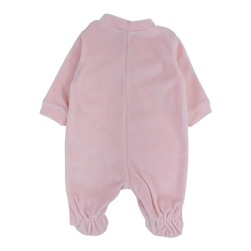 Baby Girls Velvet Baby Footie – Pink with a Bear Design