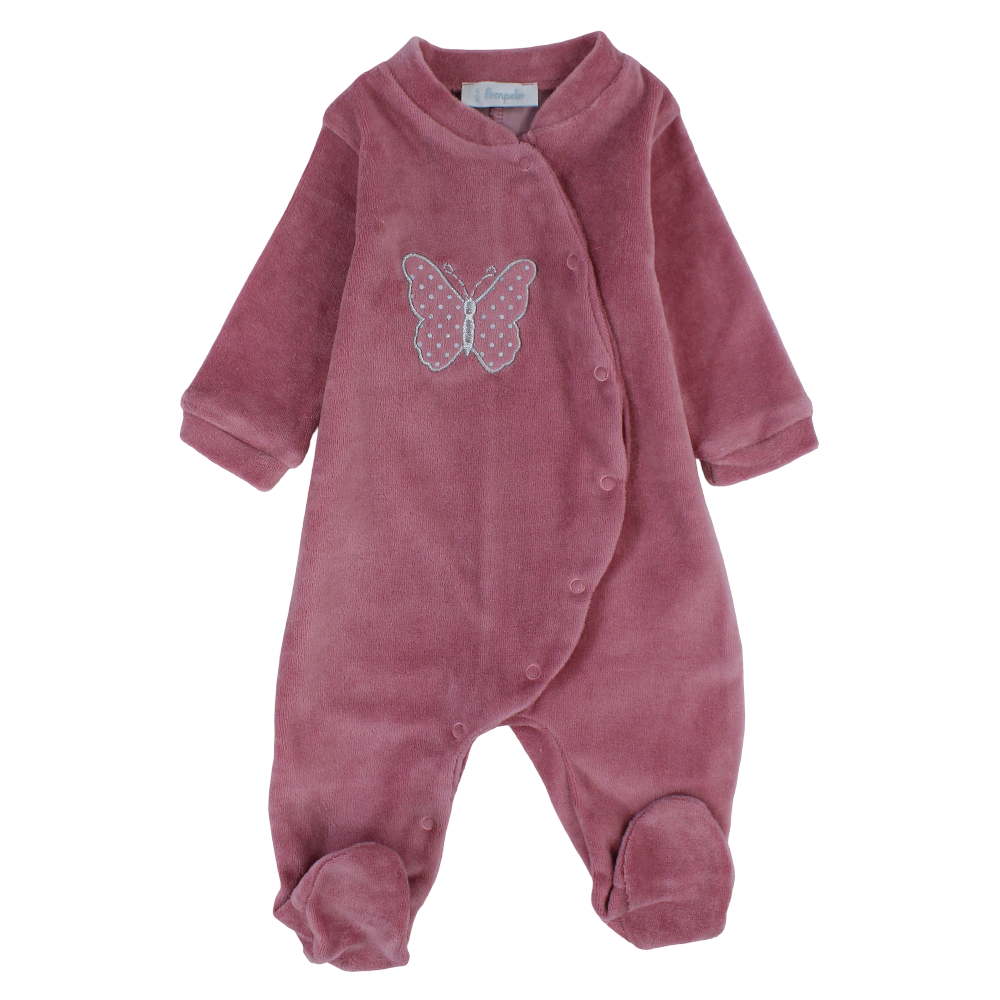 Baby Girls Velvet Baby Footie – Dusty Pink with a Butterfly Design
