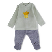 Baby Boys Velvet 2-Piece Outfit Set – Mint/Grey with Dinosaur Design
