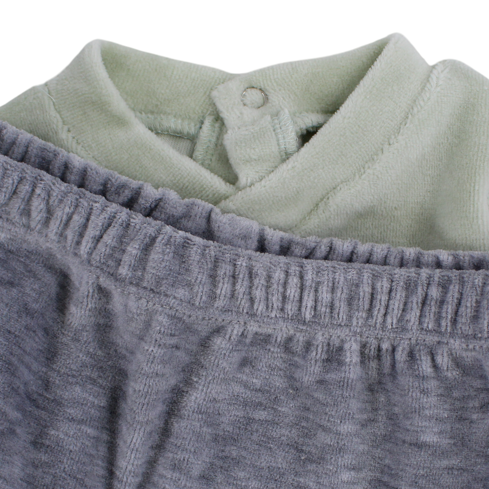 Baby Boys Velvet 2-Piece Outfit Set – Mint/Grey with Dinosaur Design