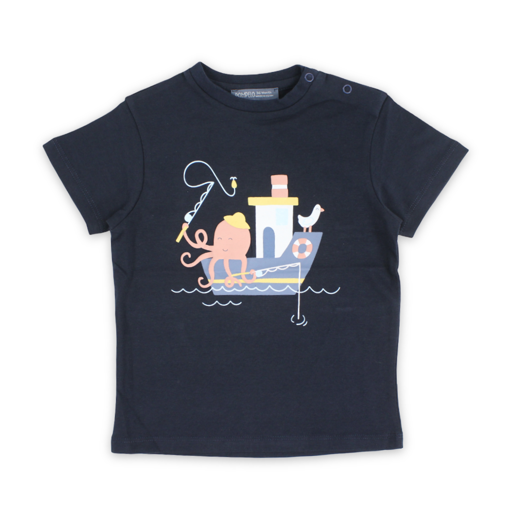 Boys Cotton T-Shirt – Navy with Boat Print - Clothing - Pompelo