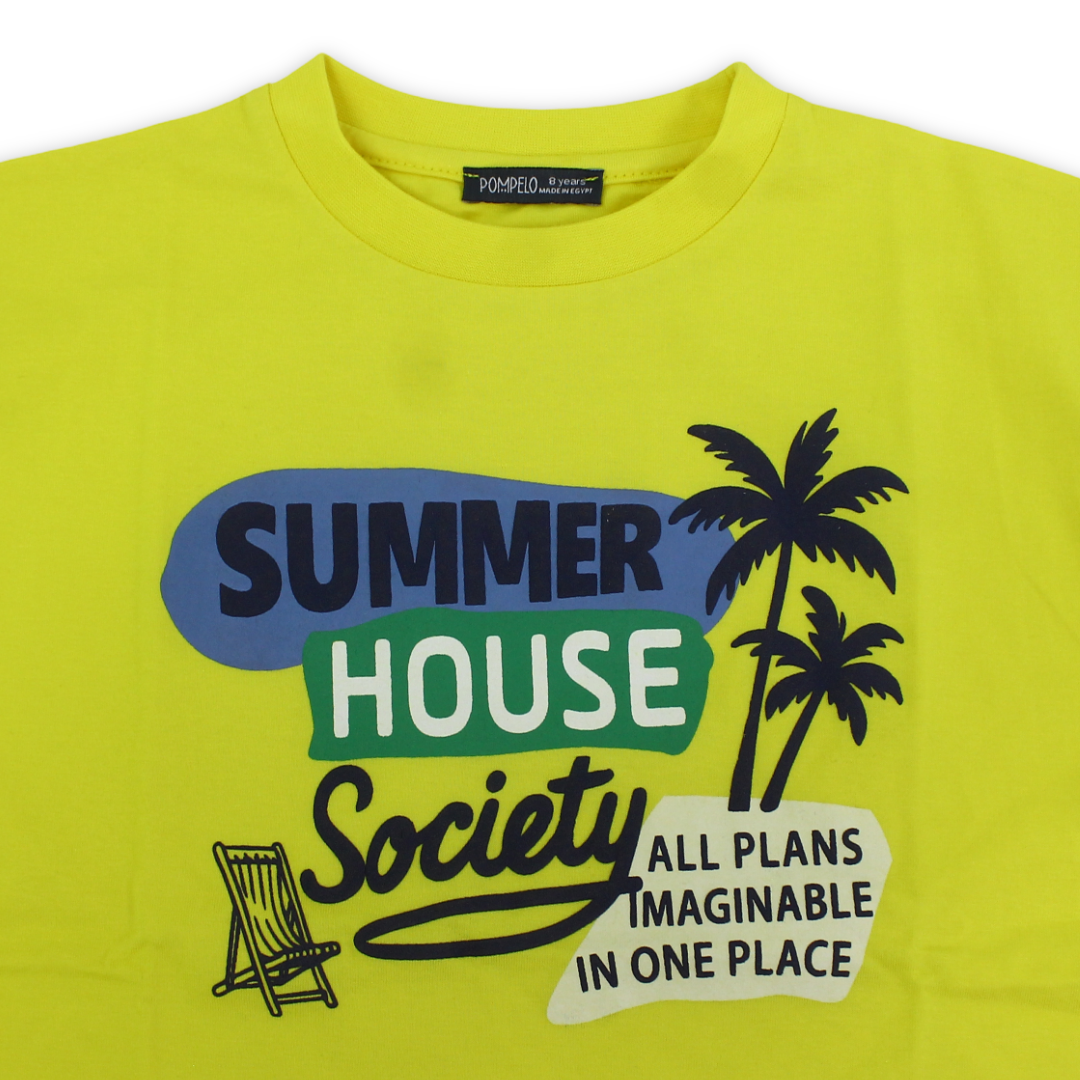 تي شيرت قطن للأولاد – أصفر مع طبعة "Summer House Society"