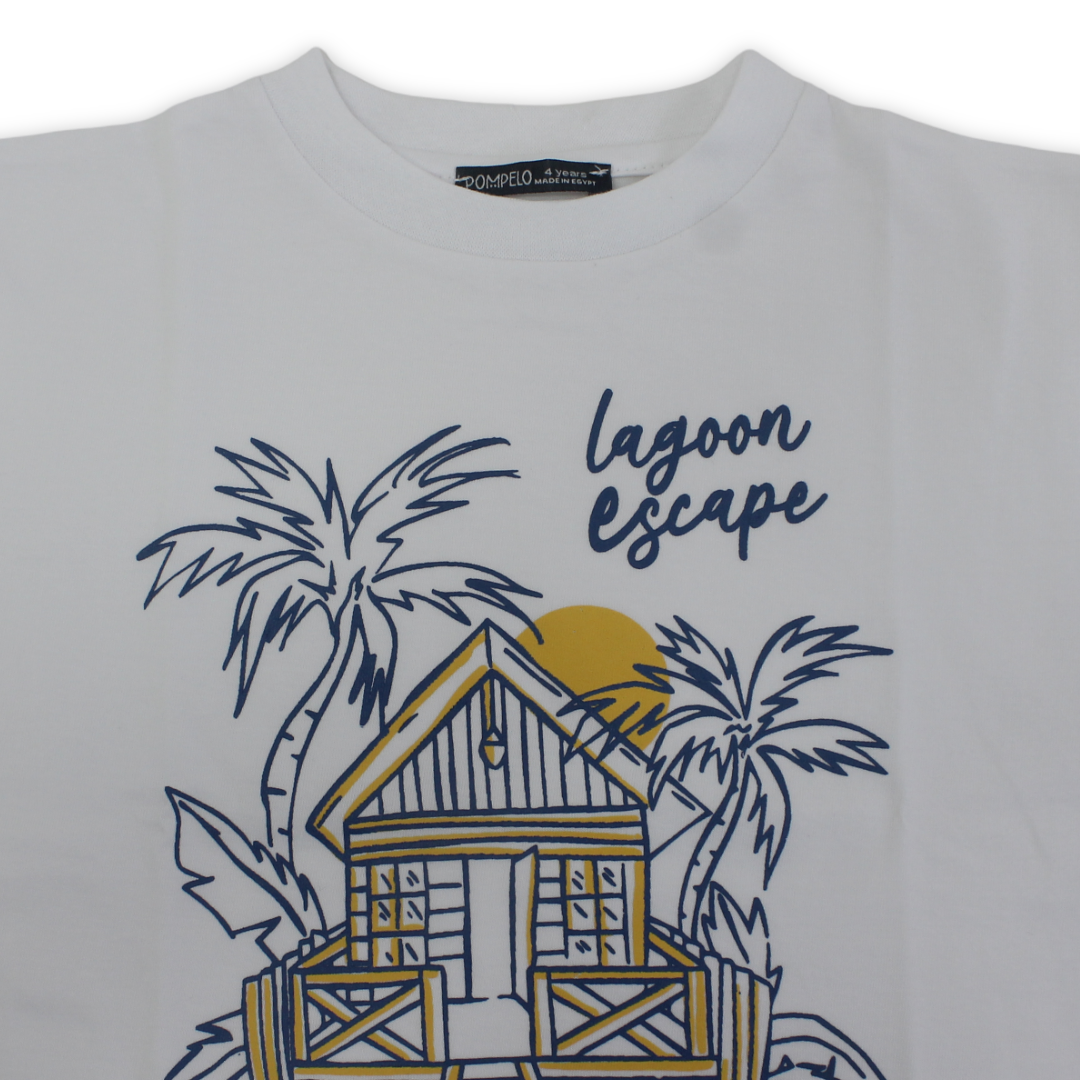 Boys Cotton T-Shirt – White "Lagoon Escape" Print