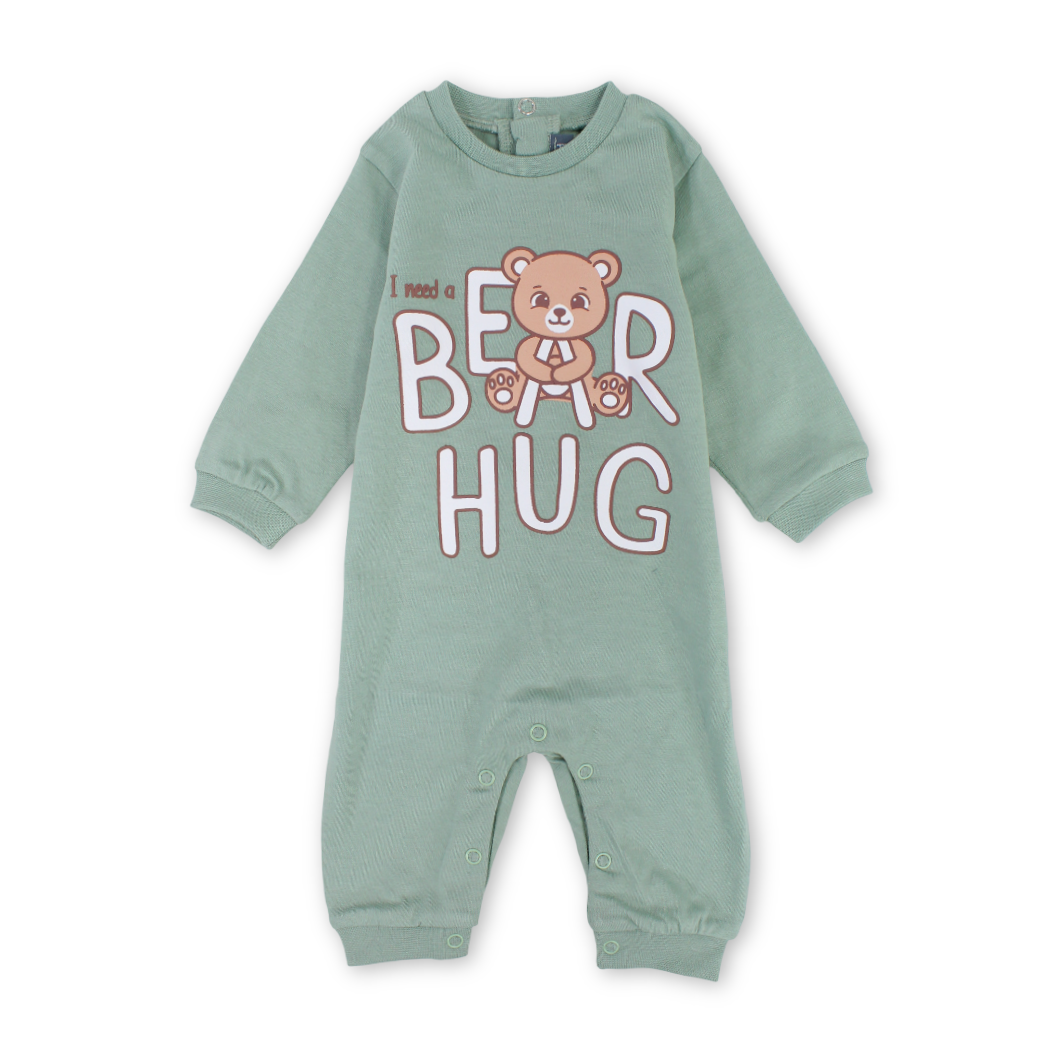 Baby Boys Cotton Baby Footie – Mint with "Bear Hug" Print - Clothing - Pompelo