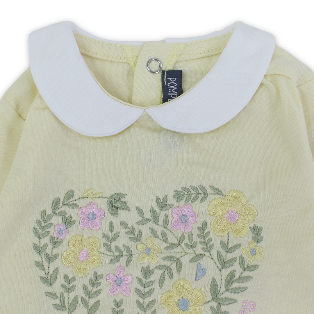 Baby Girls Cotton Baby Footie Onesie – Yellow with Flowers Print