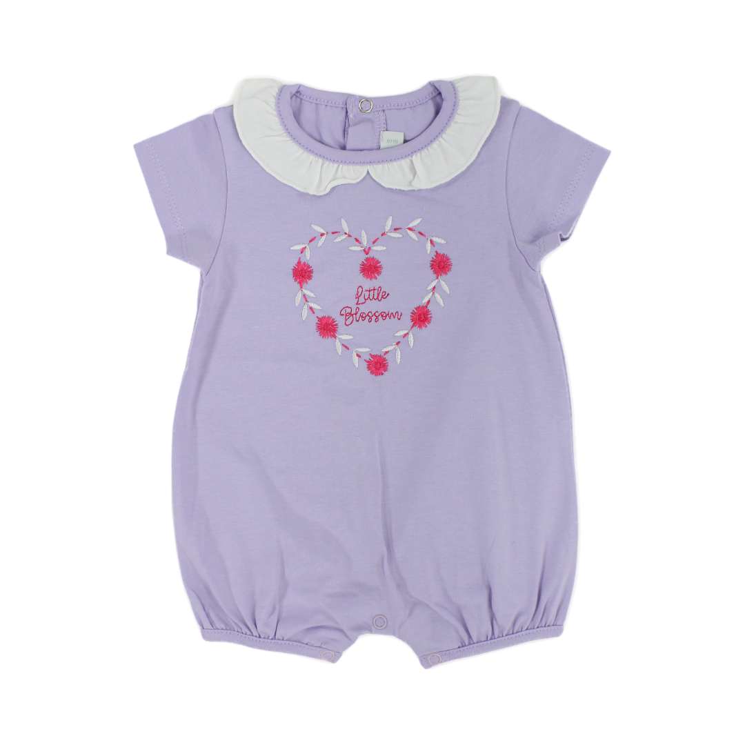 Baby Girls Cotton Romper – Lilac with "Little Blossom" Heart Embroidery - Clothing - Pompelo