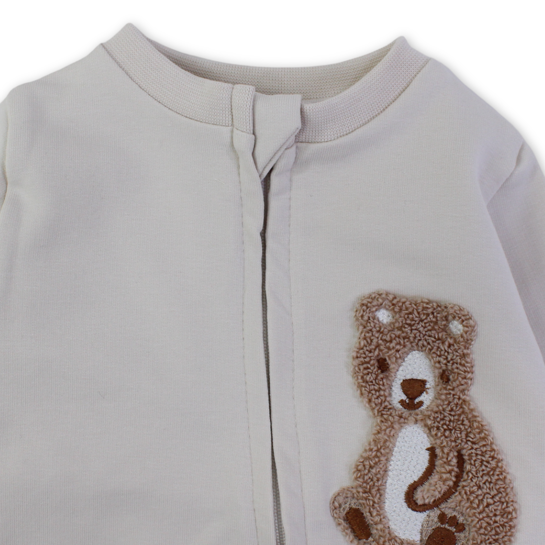 Baby Boys Cotton Baby Footie – Beige with Bear Embroidery