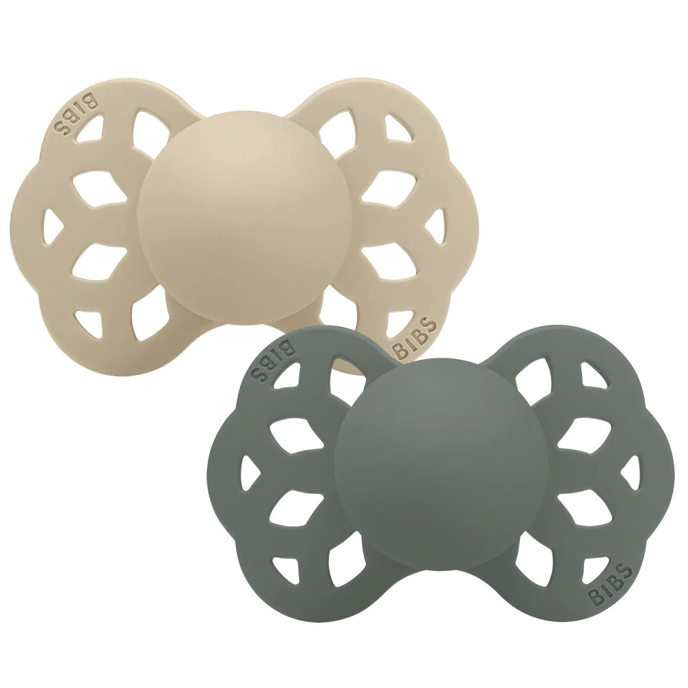 BIBS Infinity Baby Pacifier 2-Pack Symmetrical Silicone Size 2 – Vanilla/Pine