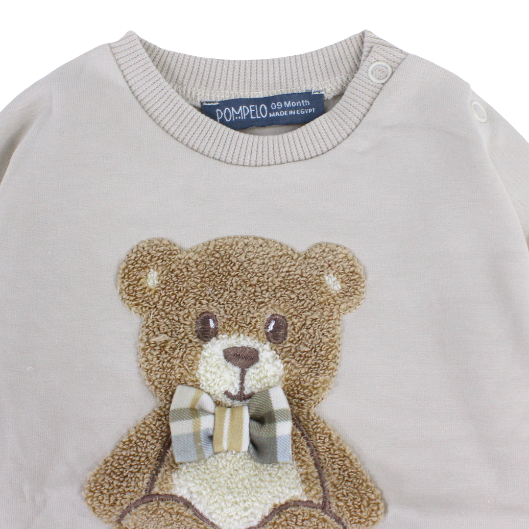 Baby Boys Cotton Sweatshirt – Beige with Teddy Bear Print