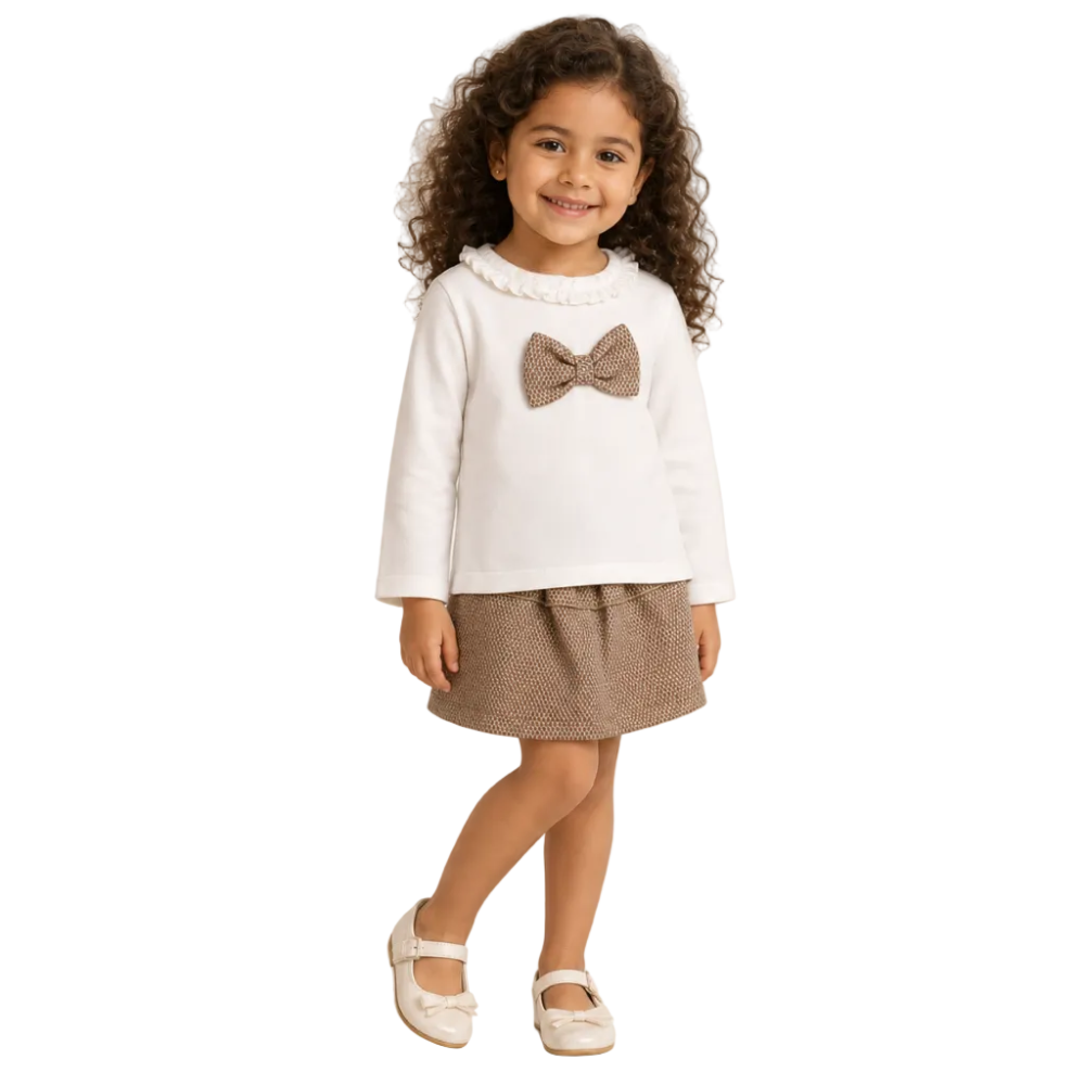 Baby Girls Cotton Outfit Set – Off-White & Beige with Bow Design
