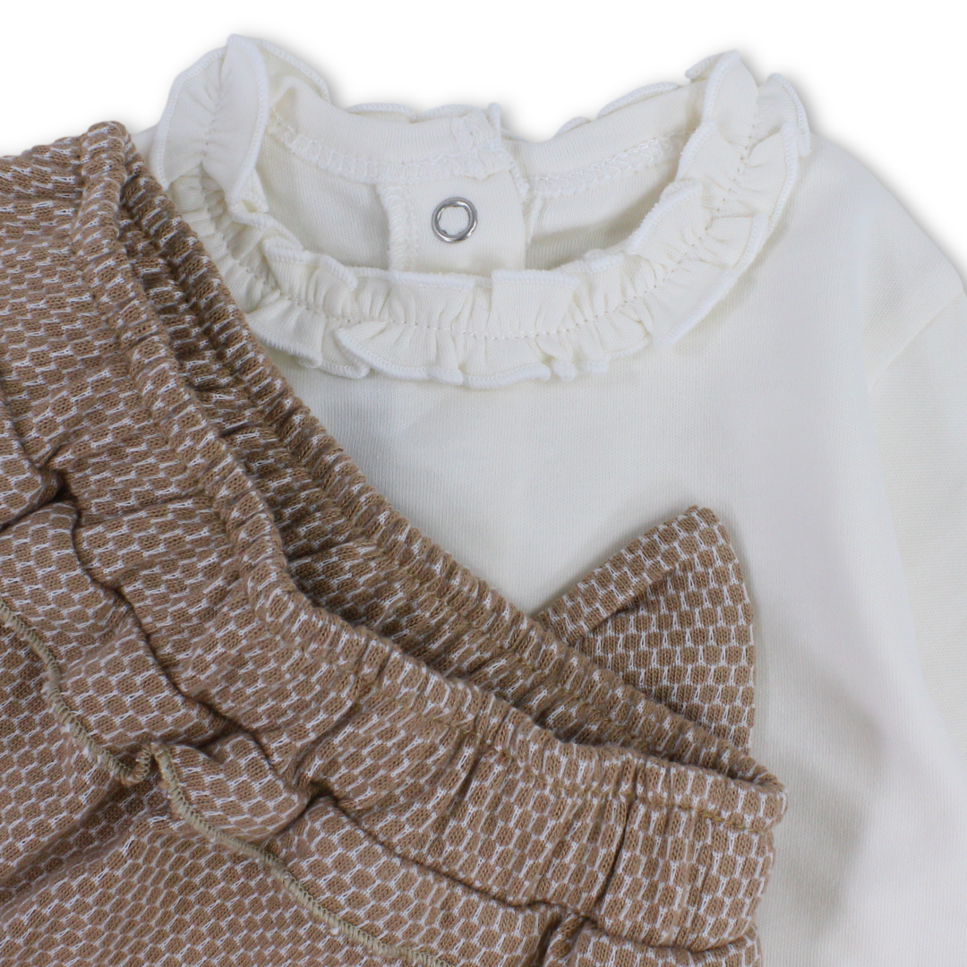 Baby Girls Cotton Outfit Set – Off-White & Beige with Bow Design