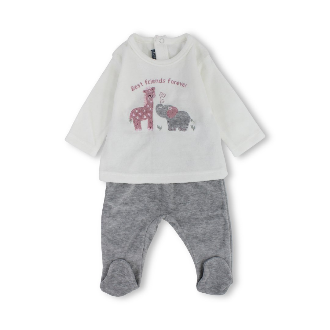 Unisex Baby Velvet Outfit Set – Off-White with Giraffe & Elephant Print