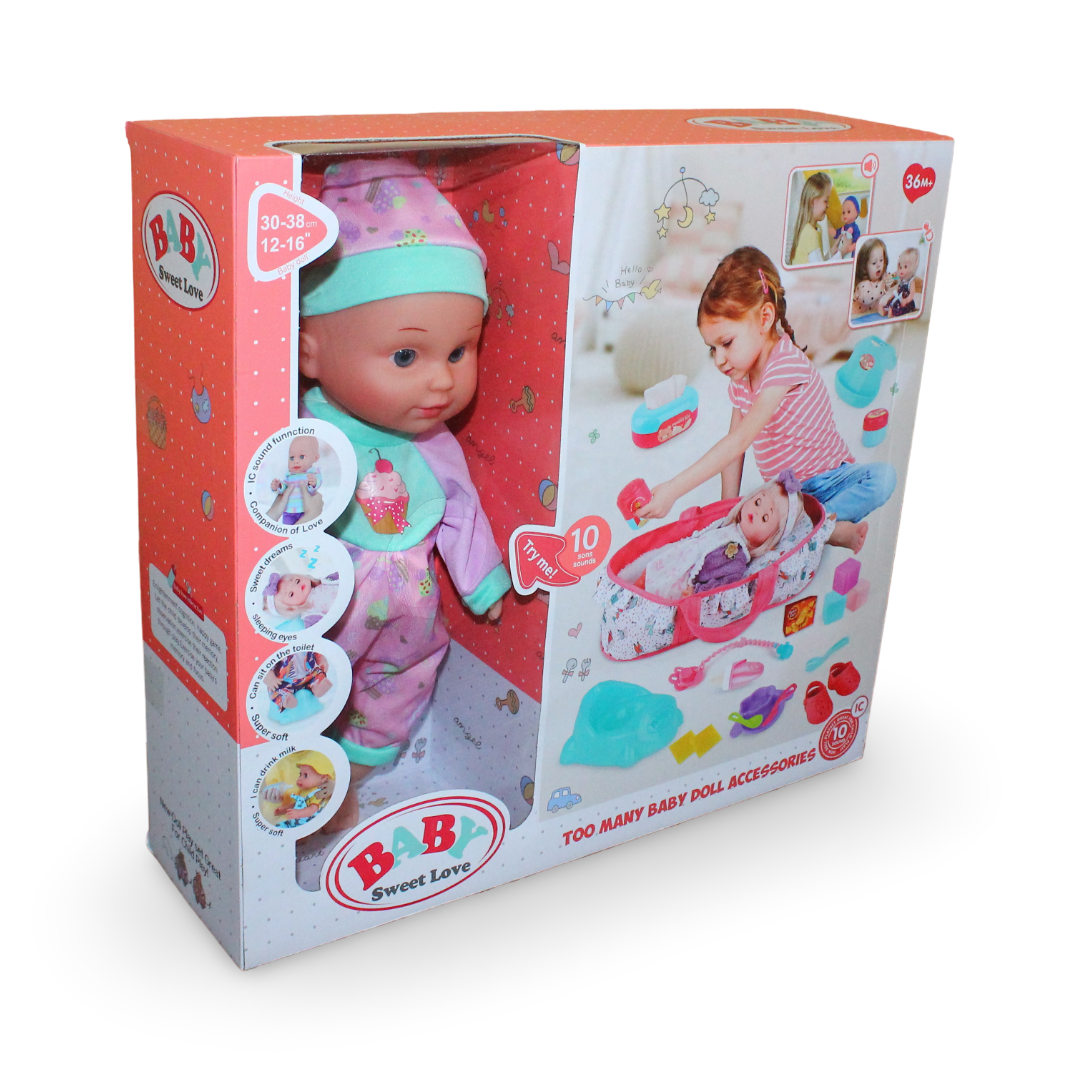 Baby Doll 35cm with 10 Melodies, Carry Cot & Accessories - Toys - OKO