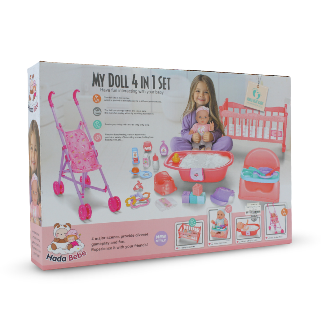 Baby Doll 4-in-1 Play Set with Bathtub, Crib & Booster Seat – 30 cm