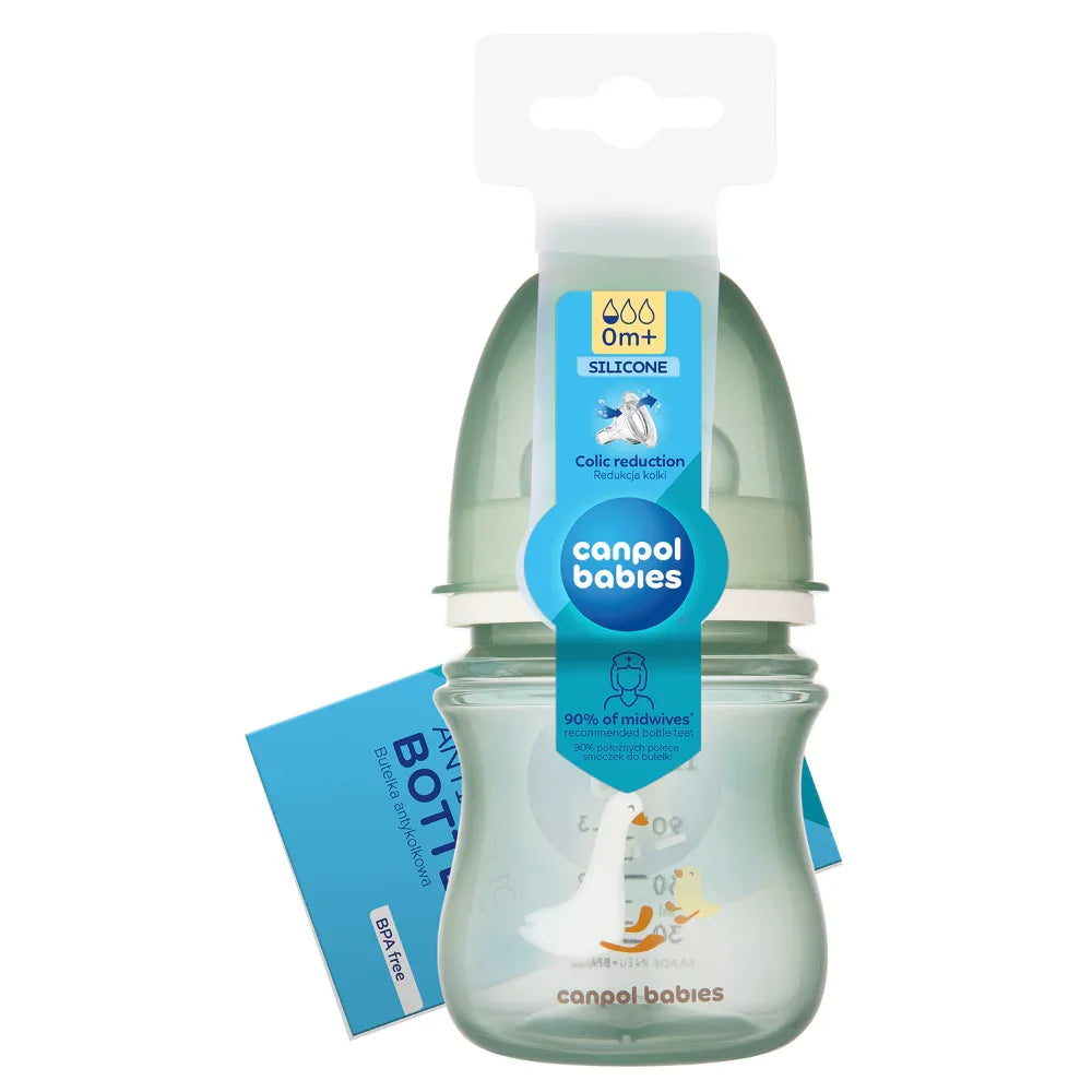Canpol Babies EasyStart Wide-Neck Bottle 120ml – Goose Print (0m+) Green - Baby Essentials
