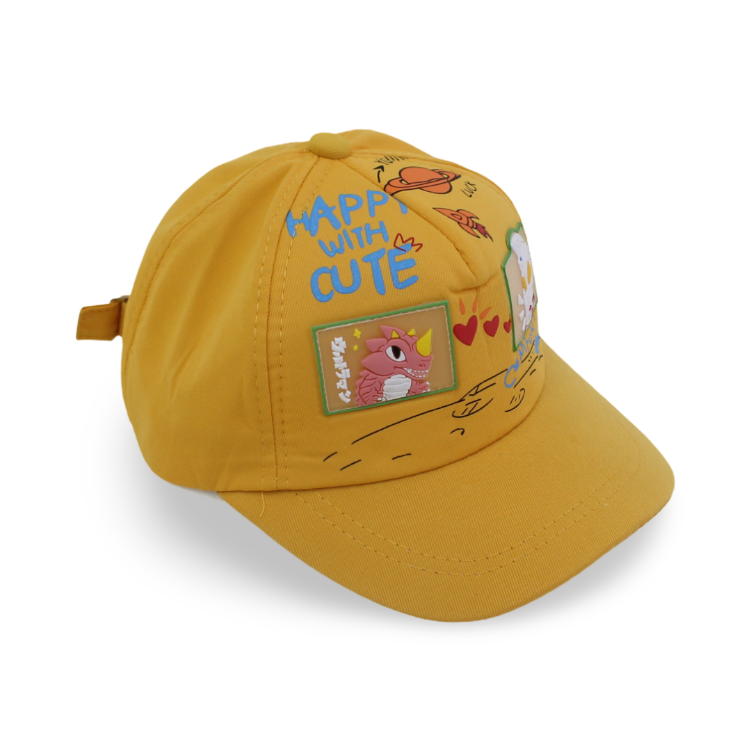 Unisex Cotton Cap – Yellow with "Happy with Cute" Print - Clothing - Fancy