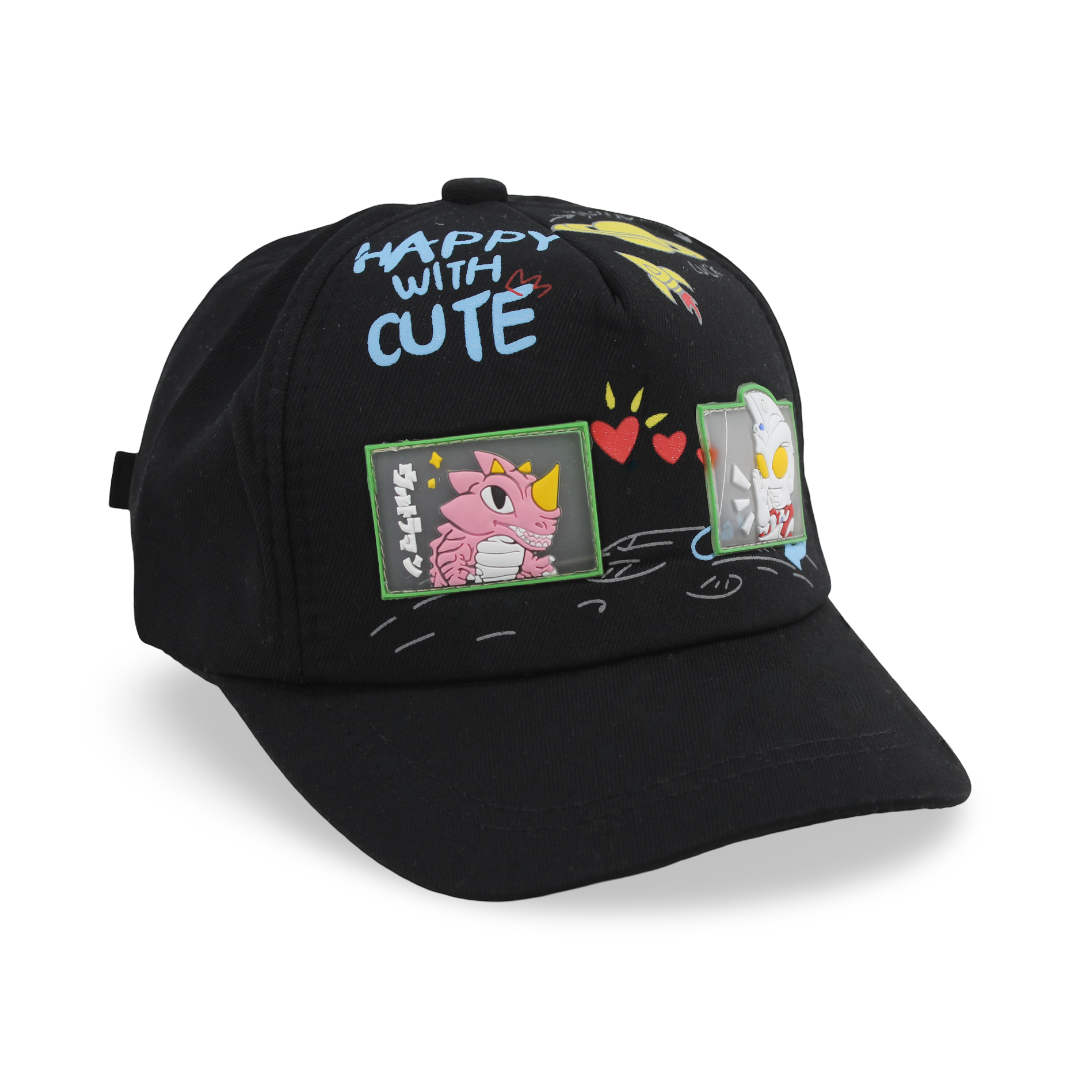Unisex Cotton Cap – Black with "Happy with Cute" Design - Clothing - Fancy