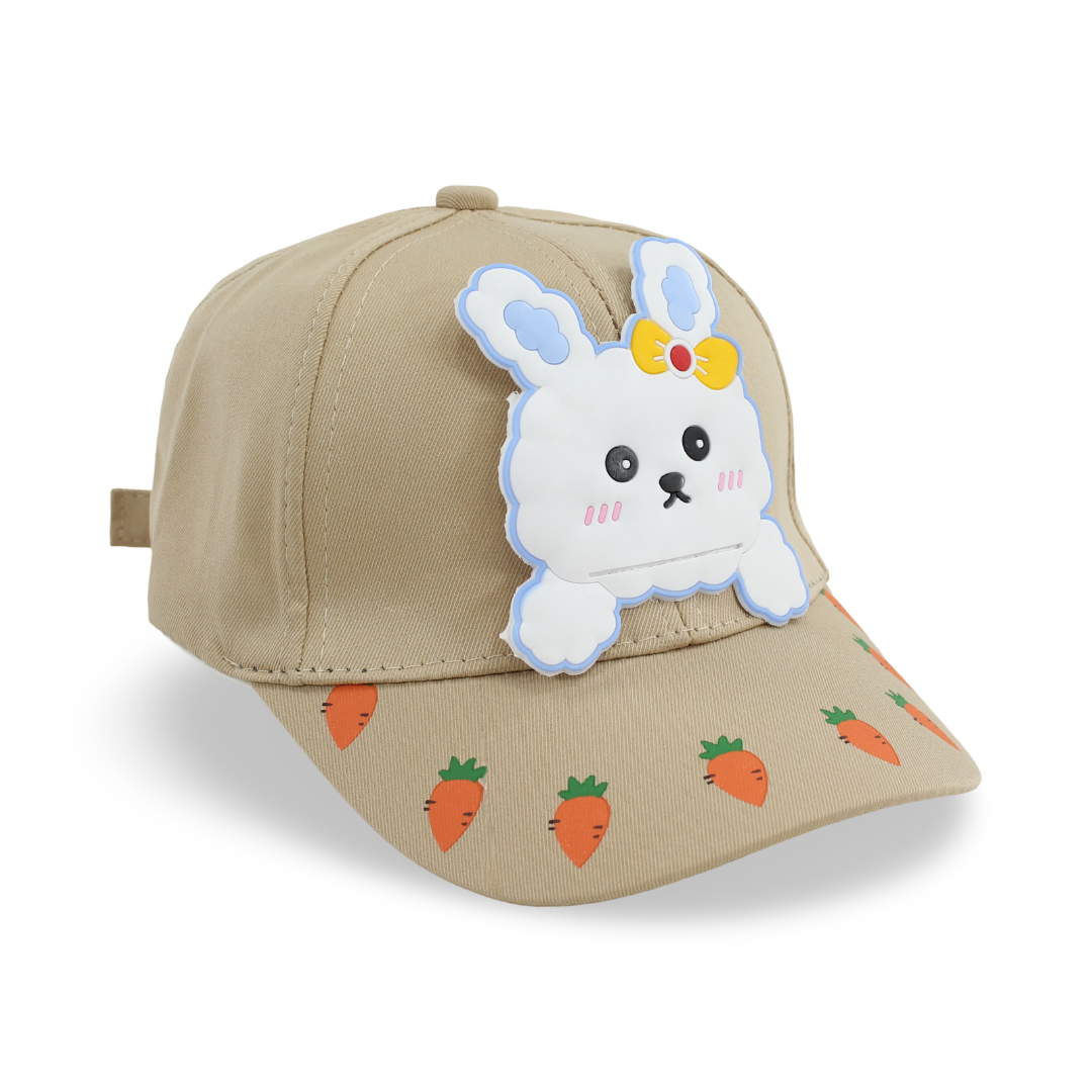 Girls Cotton Cap – Beige with Rabbit and Carrots Design - Clothing - Fancy