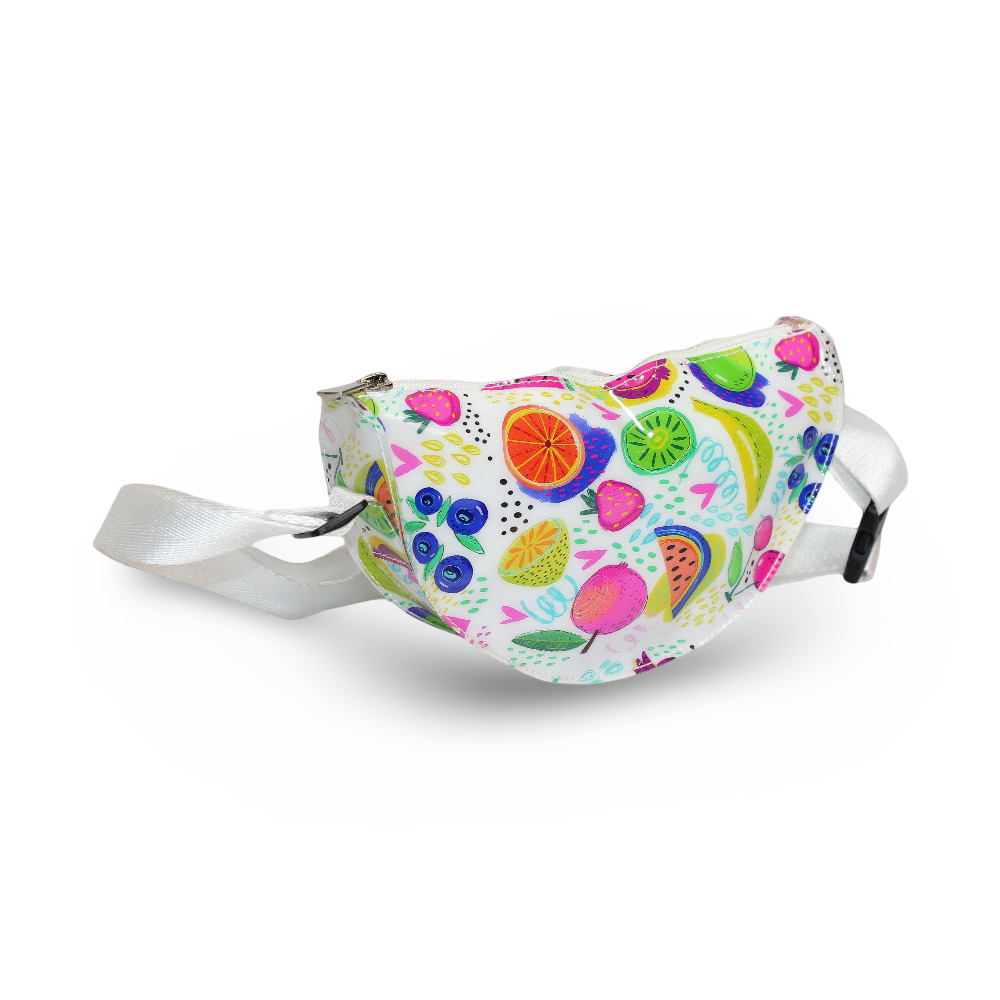 Girls Waist Bag – White with Fruits Design - School - Fancy