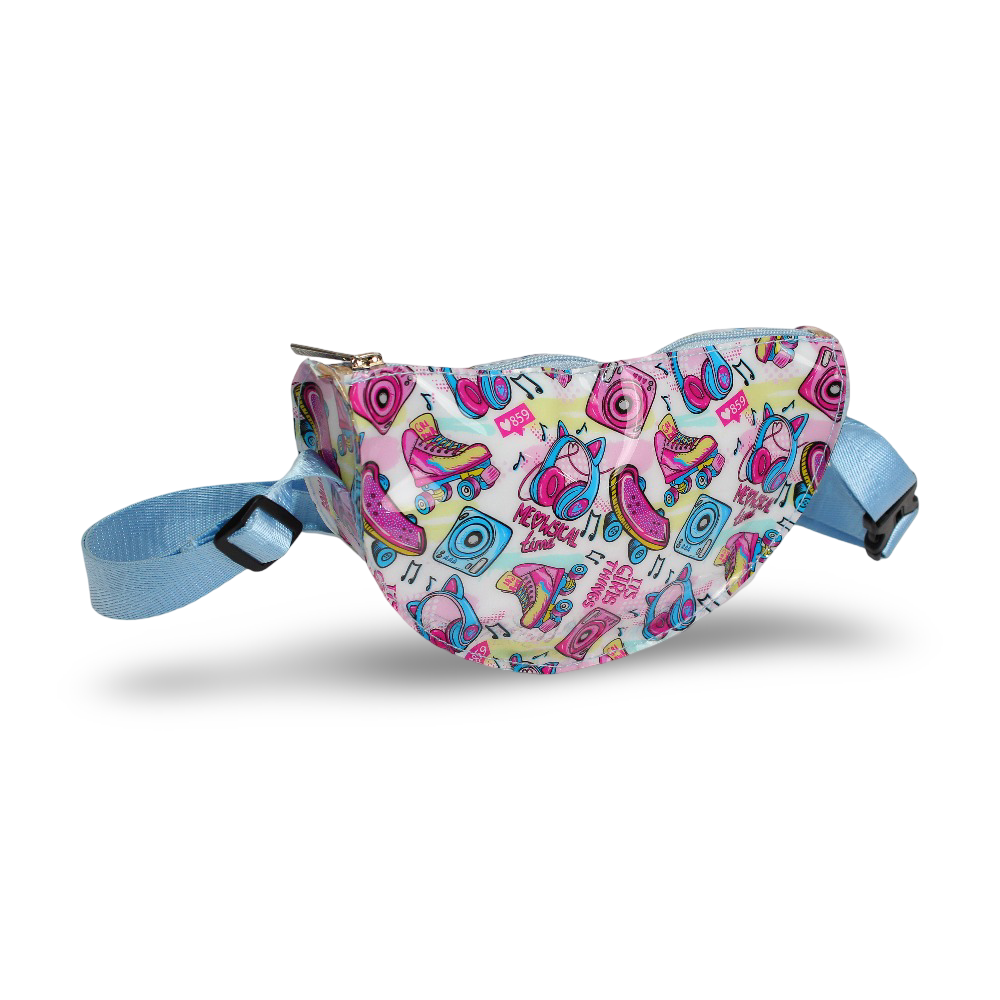 Girls Waist Bag – Baby Blue with Skateboard Design - School - Fancy