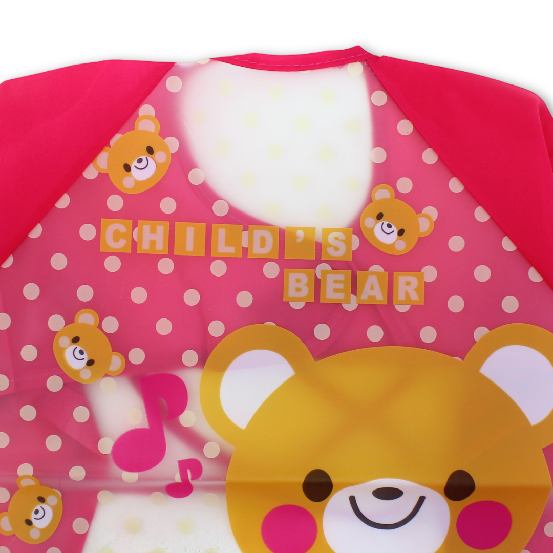 Waterproof Long-Sleeved Baby Bib – Fuchsia with Teddy Bear Print
