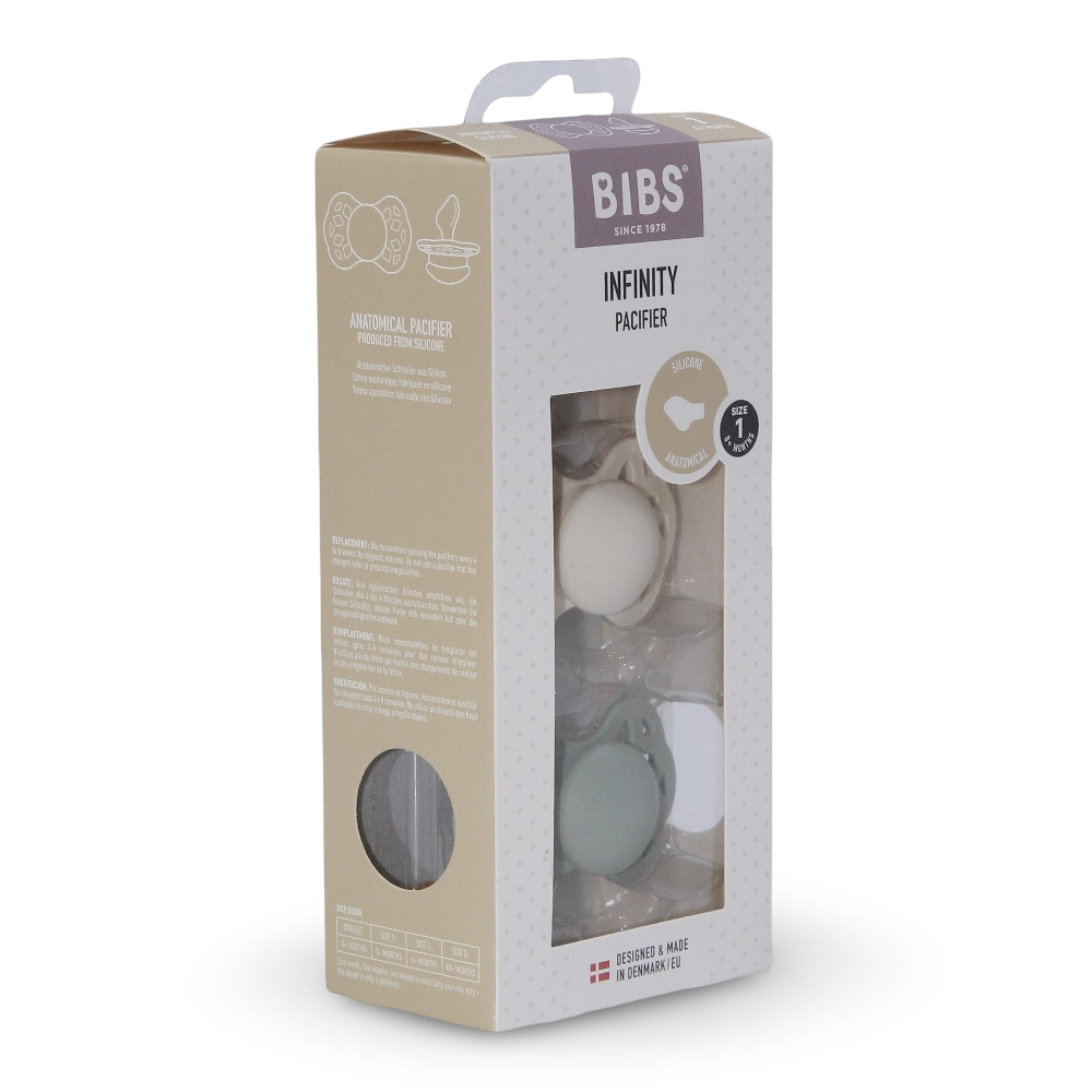 BIBS Infinity Pacifier Silicon Size 1 Anatomical – Ivory/Sage Pack of 2