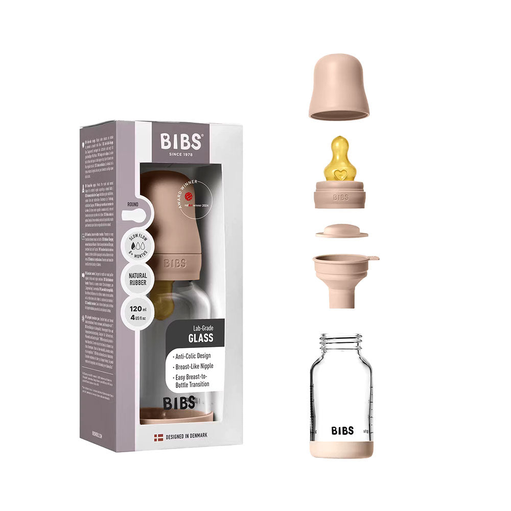 BIBS Glass Baby Bottle Round Latex - 1 pack 120 ml Slow Flow Blush - Baby Essentials