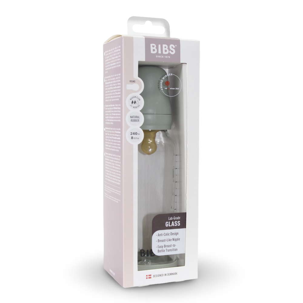 BIBS Glass Baby Bottle Round Latex 1 pack 240 ml Medium Flow Sage