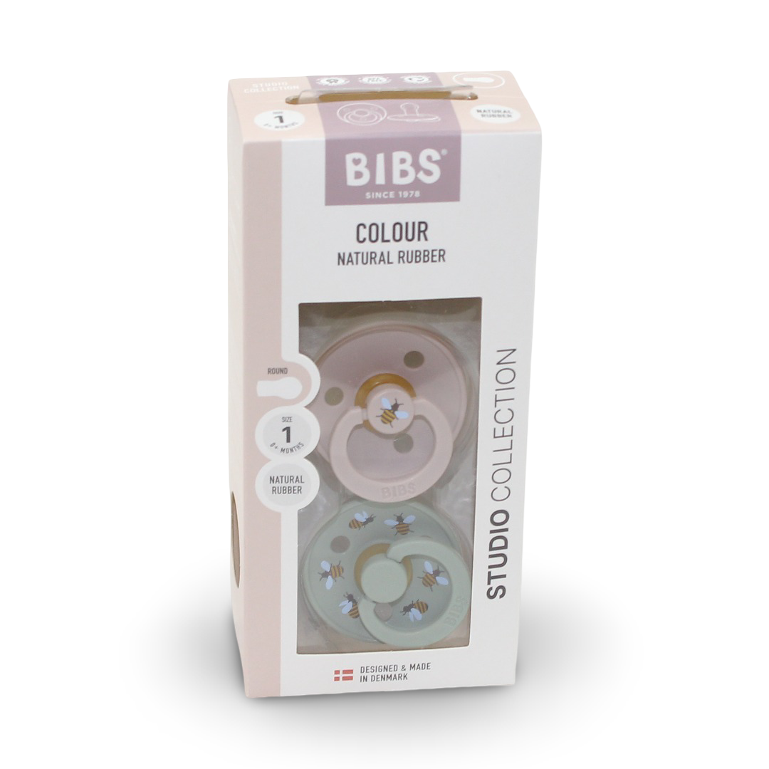 BIBS Pacifier Studio Colour 2 Pack – Bumblebee Latex Size 1 Mushroom Mix - Baby Essentials