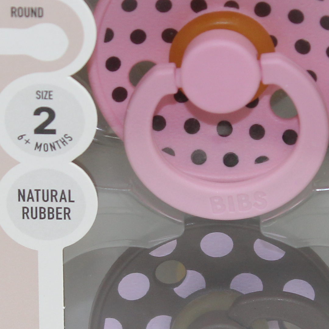 BIBS Pacifier Studio Colour 2 Pack – Polka Latex Size 2 Baby Pink/Mocha