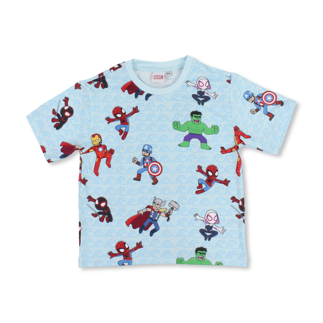 Boys Polyester Short-Sleeved T-Shirt – Aqua with Marvel All-Over Print - Clothing - MTG