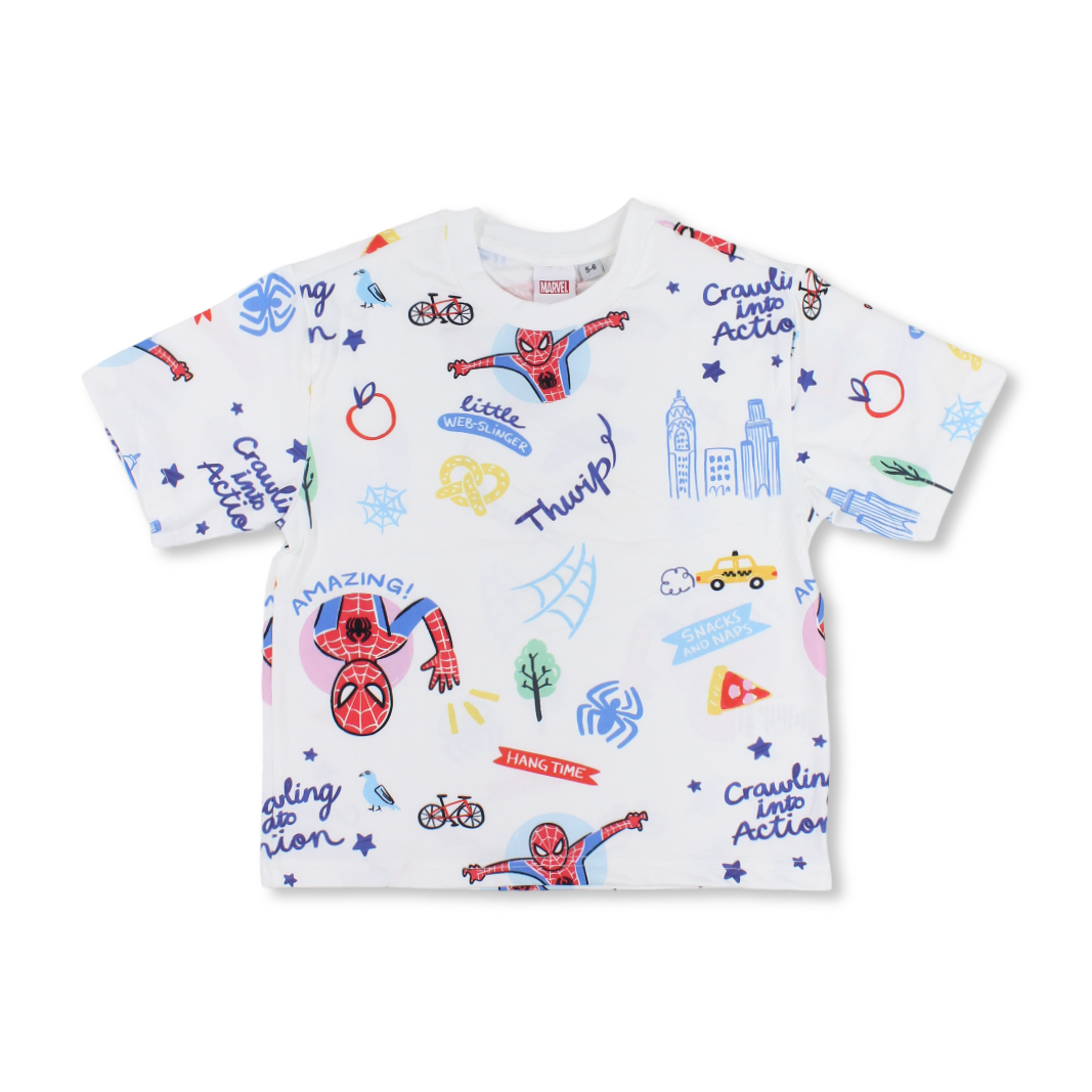 Boys Polyester Short-Sleeved T-Shirt – White with Spider-Man All-Over Print - Clothing - MTG