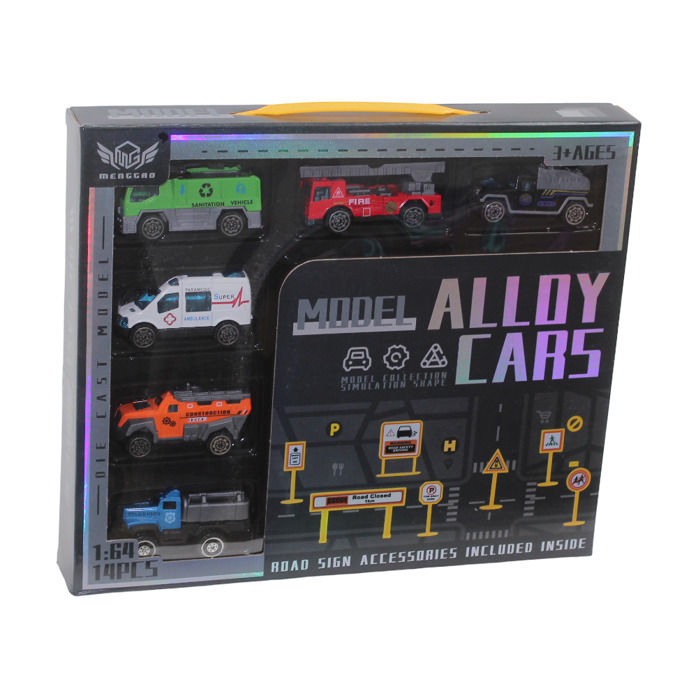 Menggru 1:64 Scale Die-Cast Metal Toy Cars with Road Sign Accessories - 14 Pcs - Toys