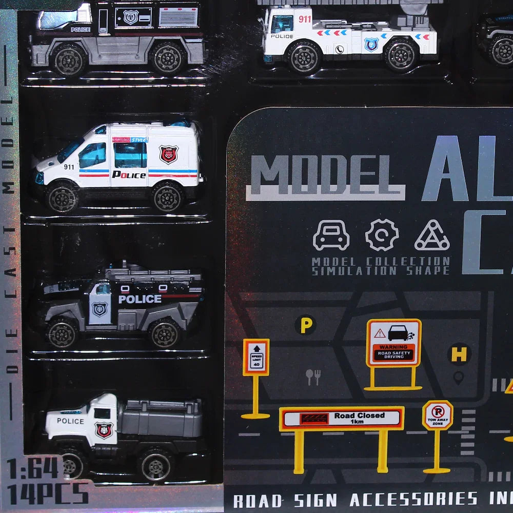 1:64 Scale Die Cast Police Car Set – (14 Pieces)