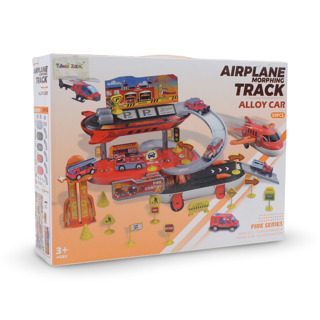 Airplane Morphing Track & Alloy Car Fire Series Toy Set – 50 Pcs