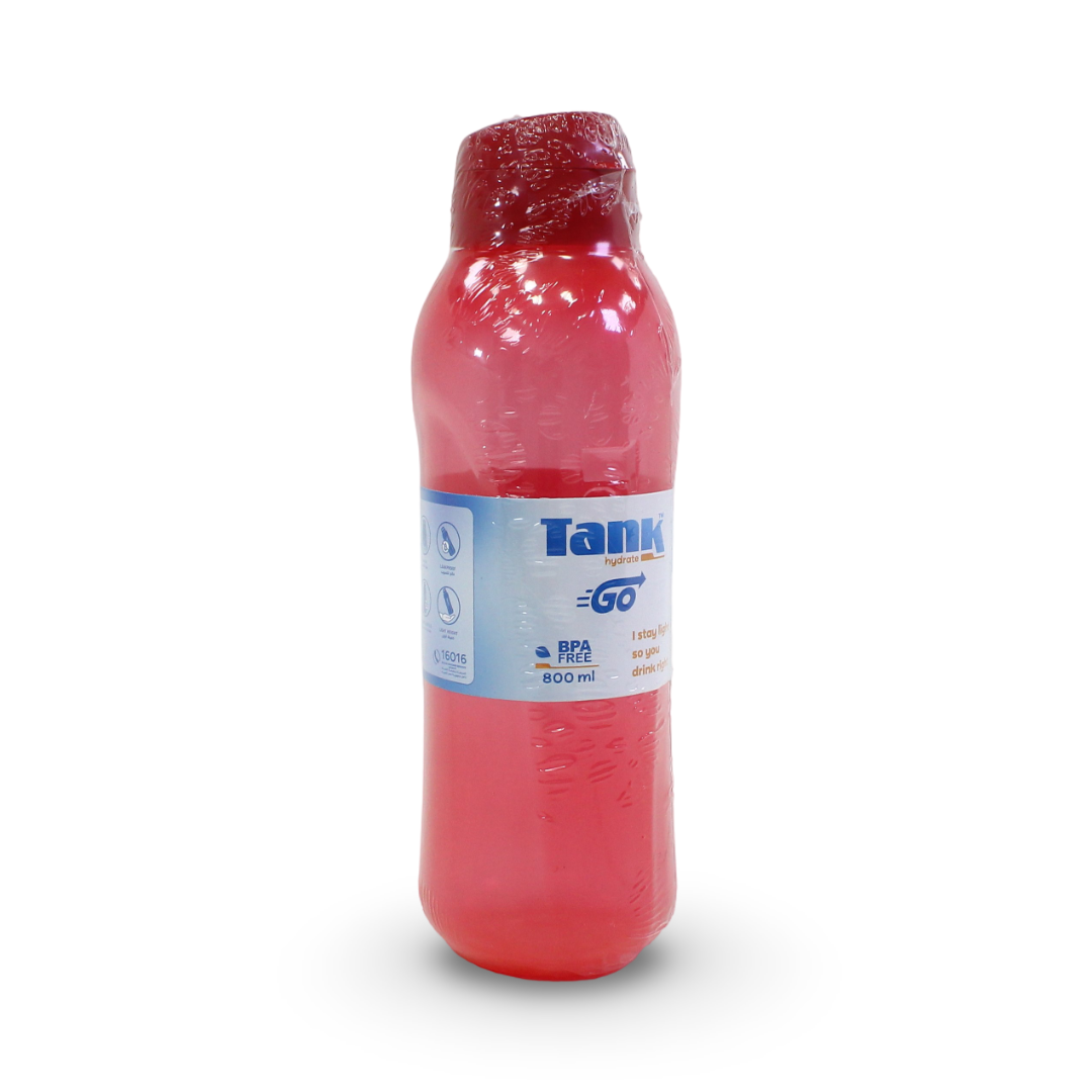Tank Go Polypropylene Plastic Water Bottle 800ml – Light Red - Various