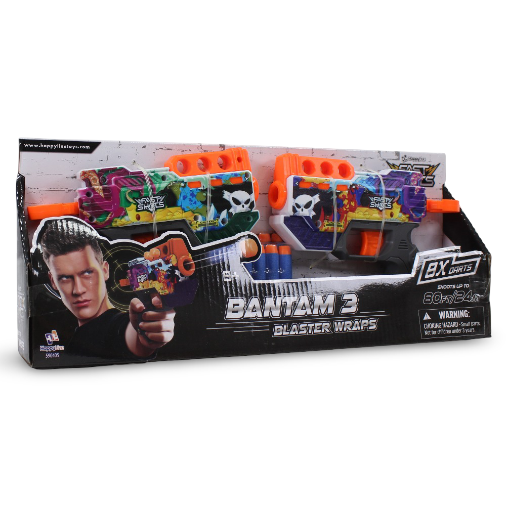 Happy Line Fast Shots Bantam 3 Blaster Wraps 2 Foam Launchers - 8 Foam Darts - Toys