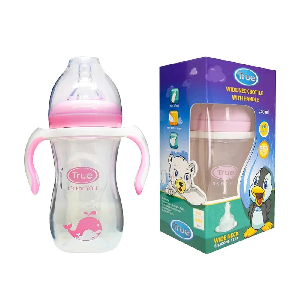 True Wide Neck Feeding Bottle with Handles 240ml – Pink - Baby Essentials