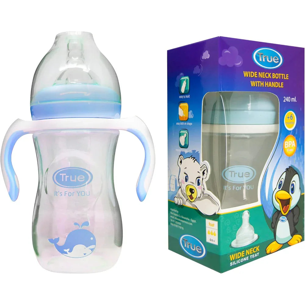 True Bottle with Handle 240ml 6m+ – Blue - Baby Essentials