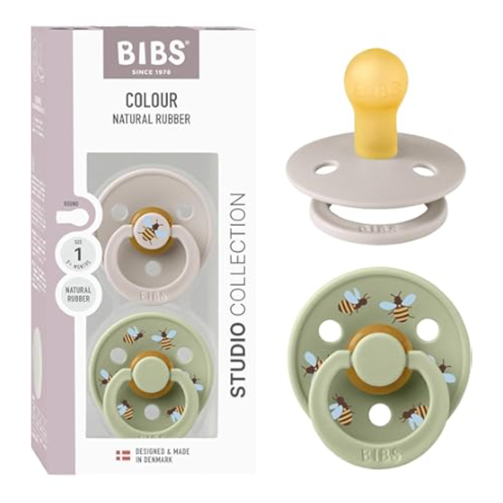 BIBS Pacifier Studio Colour 2 Pack – Bumblebee Latex Size 1 Mushroom Mix