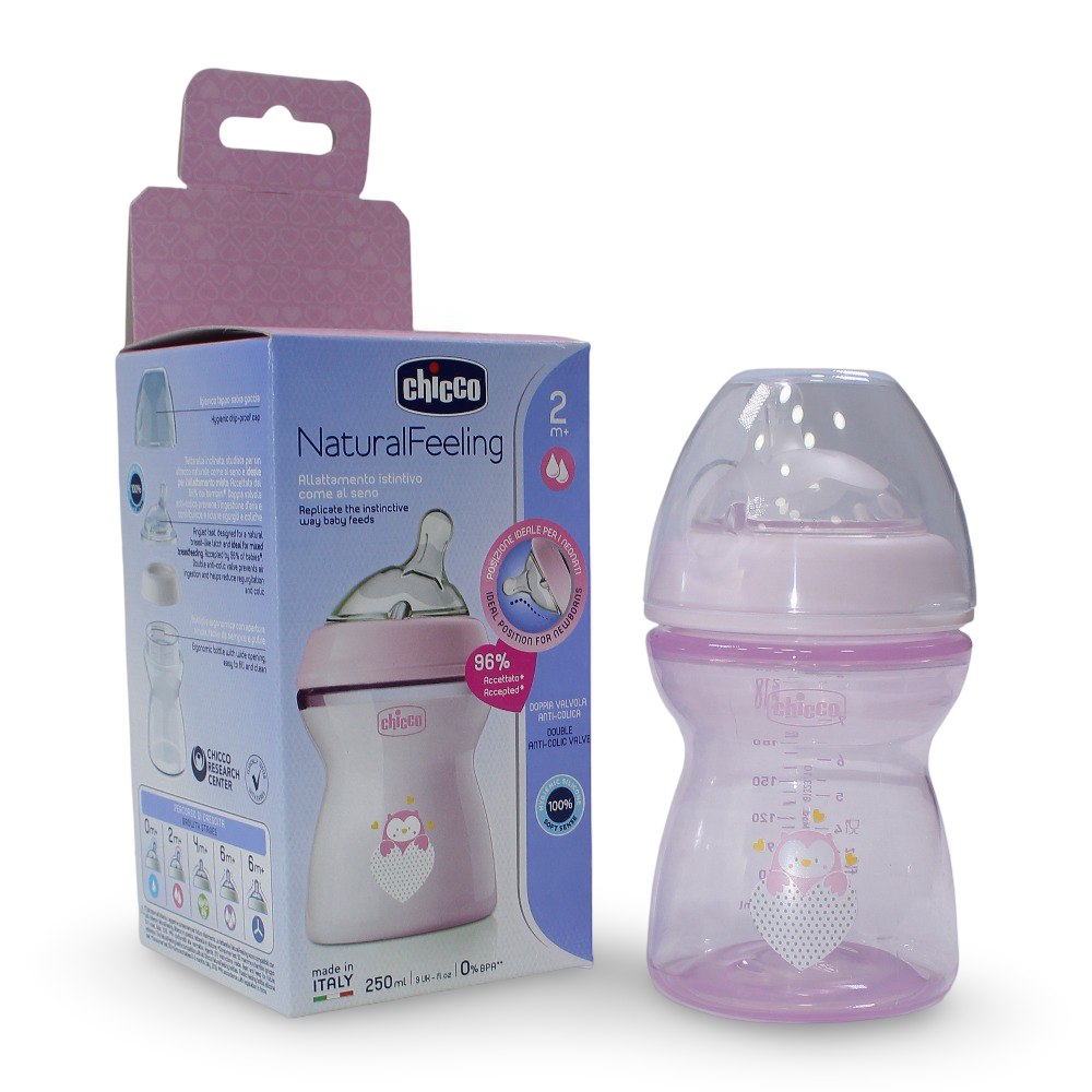 Chicco Natural Filling Plastic Bottle 250ml 2m+ – Pink - Baby Essentials